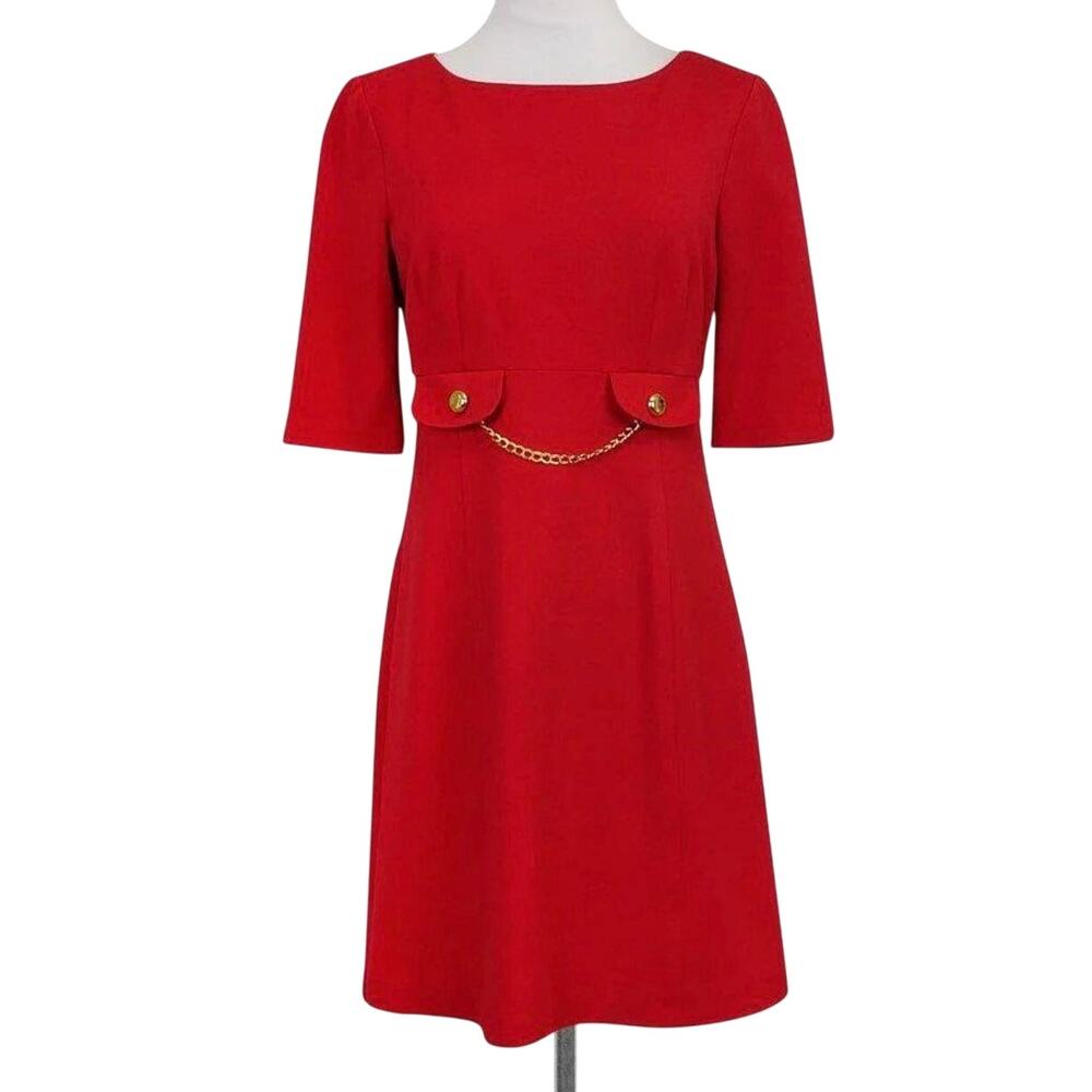 Trina Turk Red Midi Dress with Gold Chain Trim